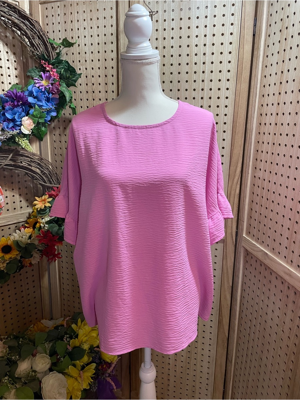 Relaxed Pink Textured Short-Sleeve Blouse